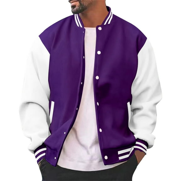 Men's Fashion Varsity Jacket Causal Slim Fit Cotton Letterman Baseball Bomber Jackets Purple 3XL