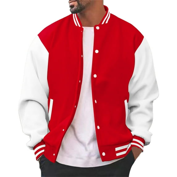 Men's Fashion Varsity Jacket Causal Slim Fit Cotton Letterman Baseball Bomber Jackets Red S