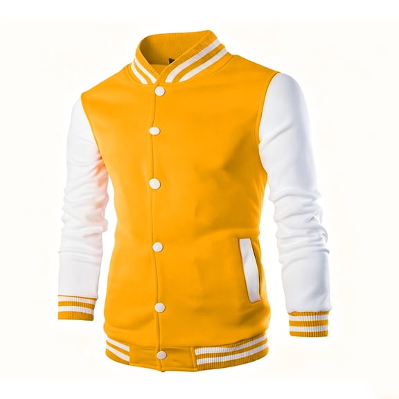 Men's Fashion Varsity Jacket Causal Slim Fit Cotton Letterman Baseball Bomber Jackets Yellow XL