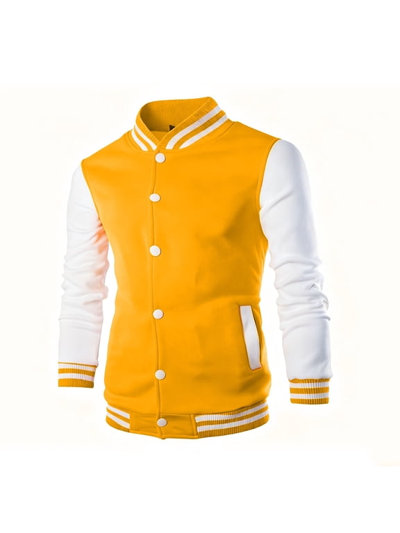 Men's Fashion Varsity Jacket Causal Slim Fit Cotton Letterman Baseball Bomber Jackets Yellow XL