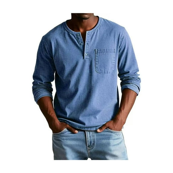 Men's Fashion Vintage Distressed Pocket Long-Sleeve Shirt,Long Sleeve Distressed Washed V Neck Button Shirts