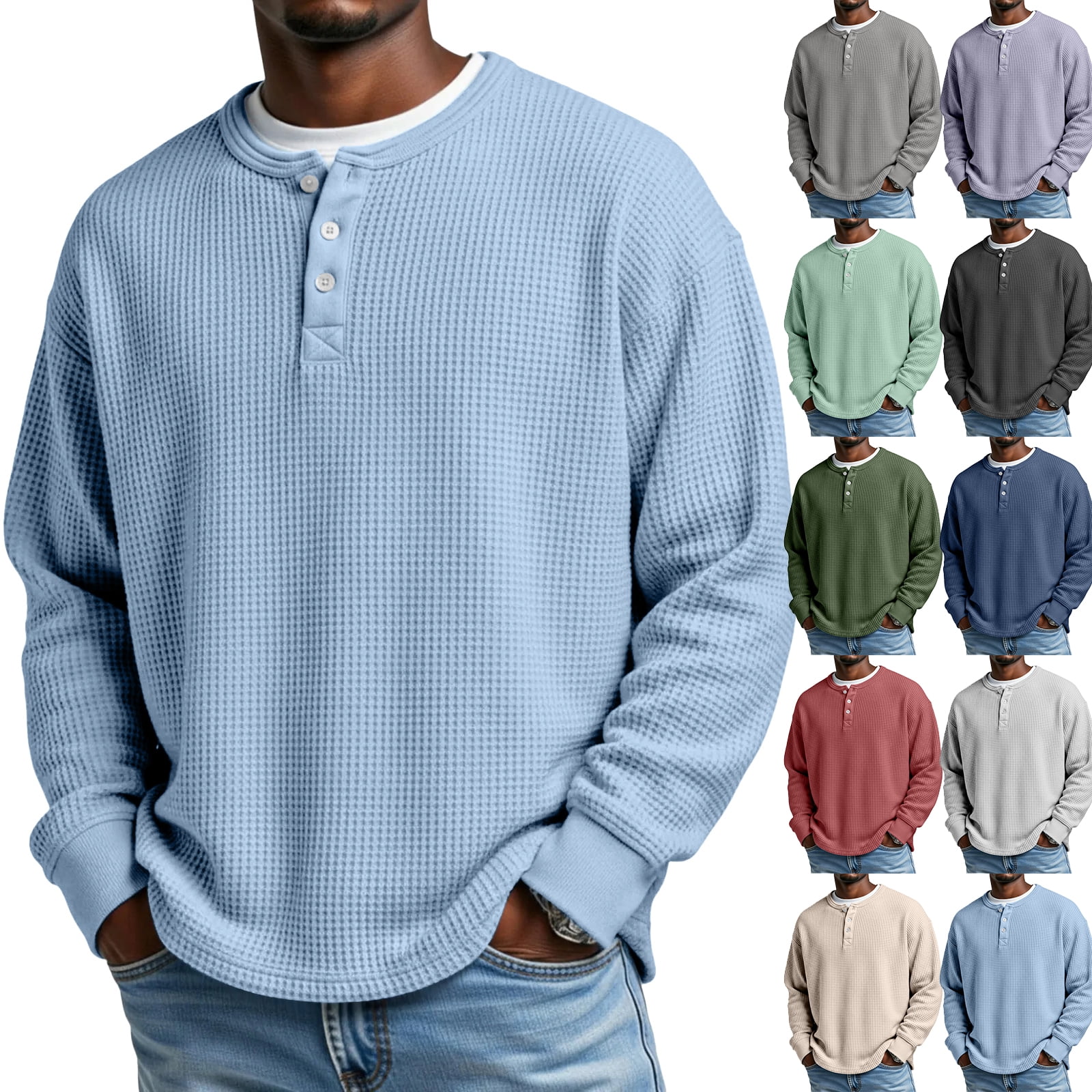 【GRAY】Henry neck waffle L/S Men's Fashion Waffle Henry Shirt Long Sleeve Crewneck Textured