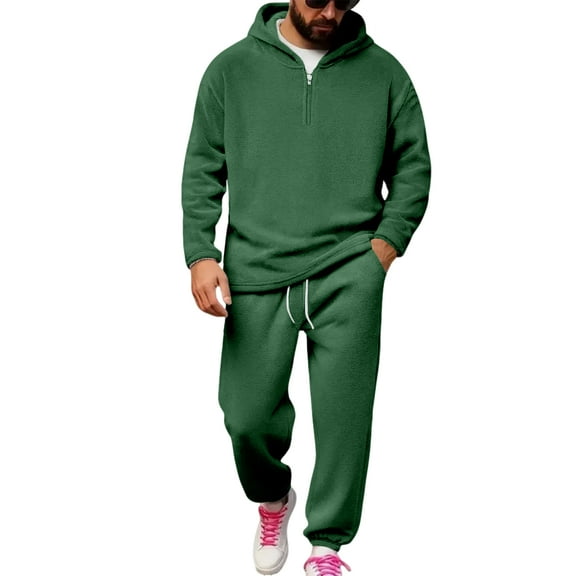 Men's Fashion Warm Hooded Sweatshirt Solid Color Wool Sweatpants Sports Casual Two-Piece Set for Winter Activities,Army Green,S
