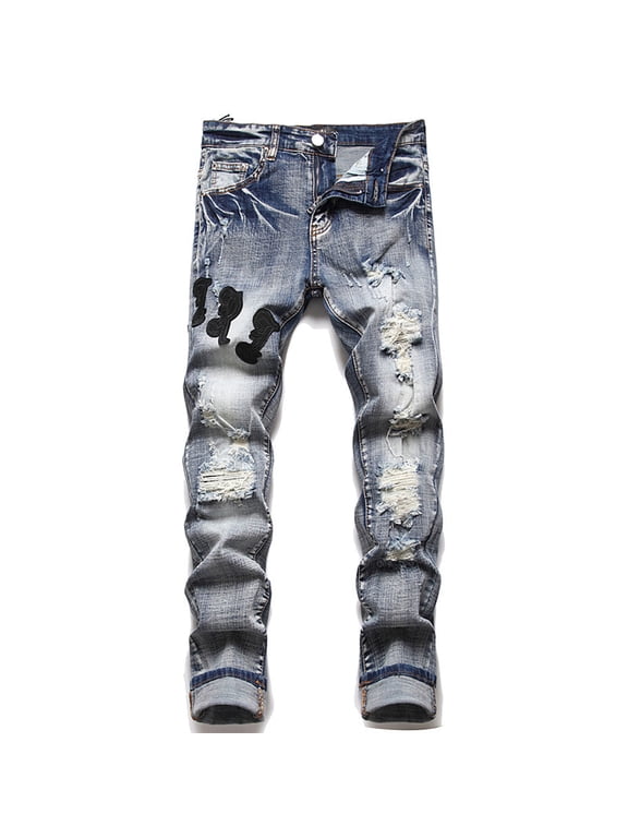 Men's Fashion Washed Straight Fit Slim Jeans Patch Ripped Fashion Denim Pants Blue XL