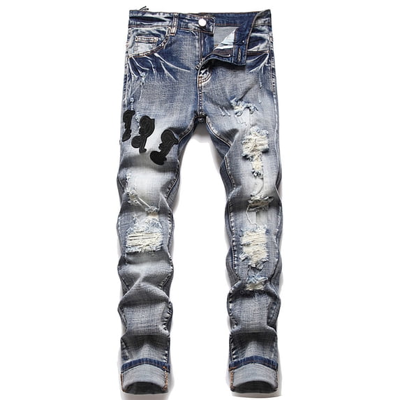 Men's Fashion Washed Straight Fit Slim Jeans Patch Ripped Fashion Denim Pants Blue XXL