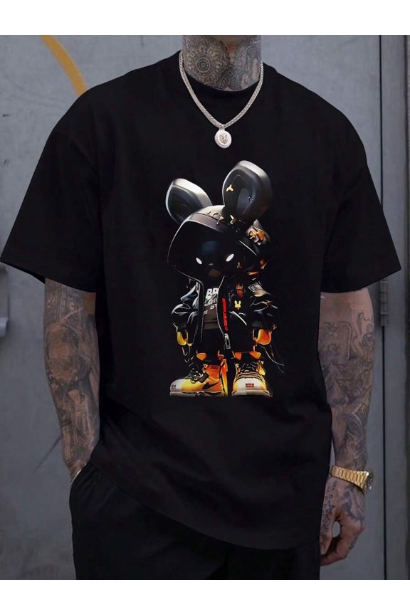 Men's Fashionable Cartoon Rabbit Print Crew Neck Short Sleeve T-Shirt