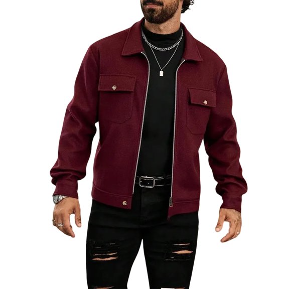 Men's Fashionable High-Street Woolen Zipper Jacket, Burgundy, M