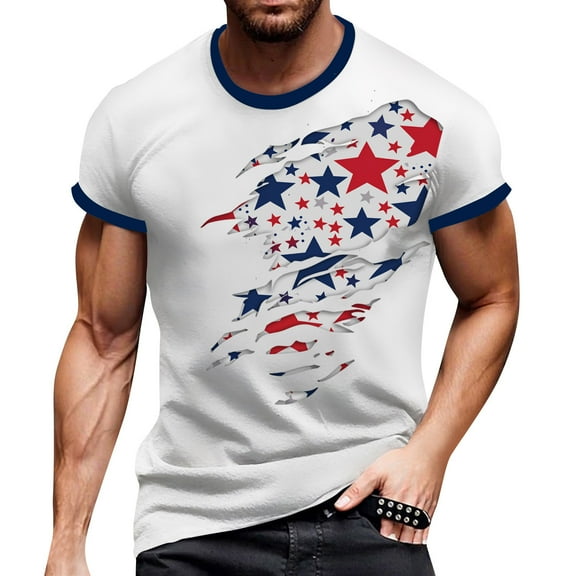Men's Fashionable Independence Day Graphic Tee, Round Neck Short Sleeve Shirt with Soft Jersey Fabric ,Blue L