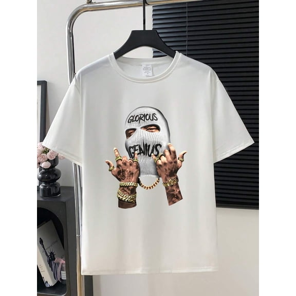 Men's Fashionable Masked Person Print Round Neck Short Sleeve T-Shirt