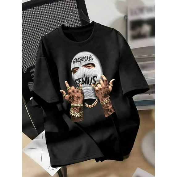 Men's Fashionable Masked Person Print Round Neck Short Sleeve T-Shirt