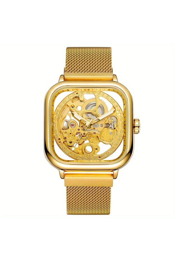 Men's Fashionable Mechanical Watch With Transparent Bottom, Hollow Mesh Band, Sports Luminous Waterproof Fully Automatic Mechanical Watch