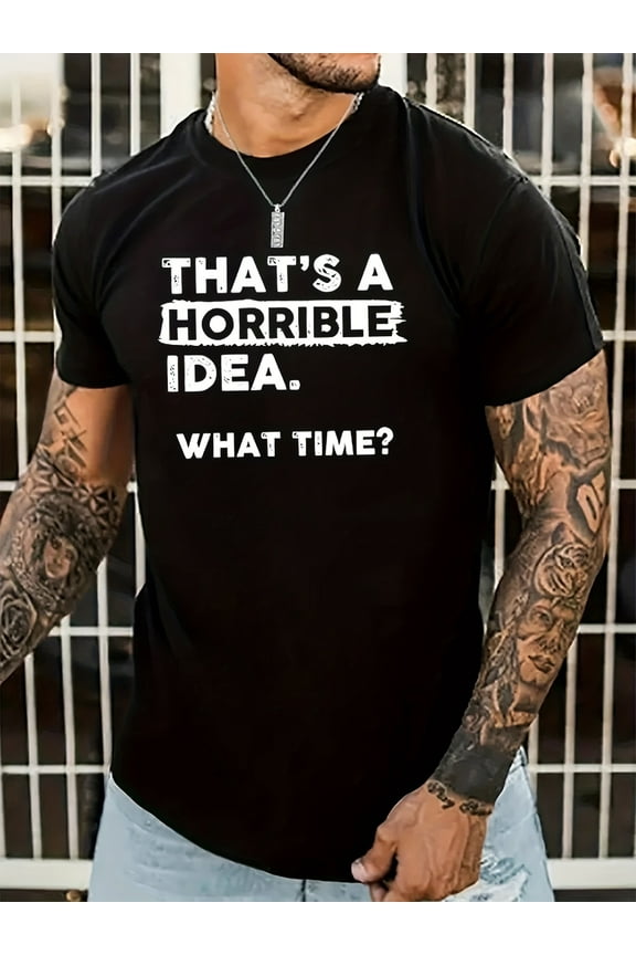 Men's Fashionable Round Neck T-Shirt, Polyester, Non-Transparent Letter Pattern, Machine Washable - Suitable for All Seasons, Spring & Summer