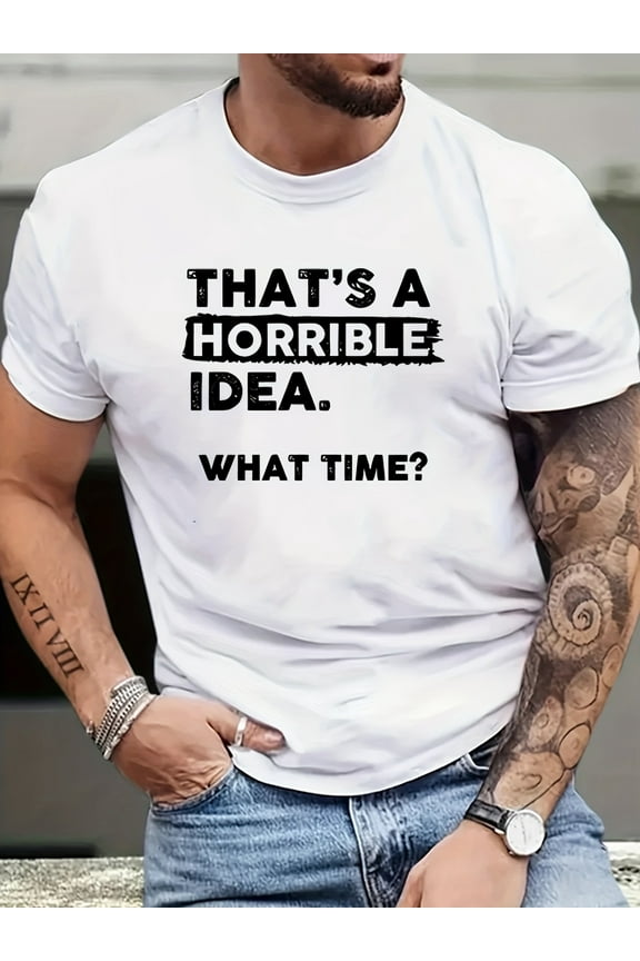Men's Fashionable Round Neck T-Shirt, Polyester, Non-Transparent Letter Pattern, Machine Washable - Suitable for All Seasons, Spring & Summer