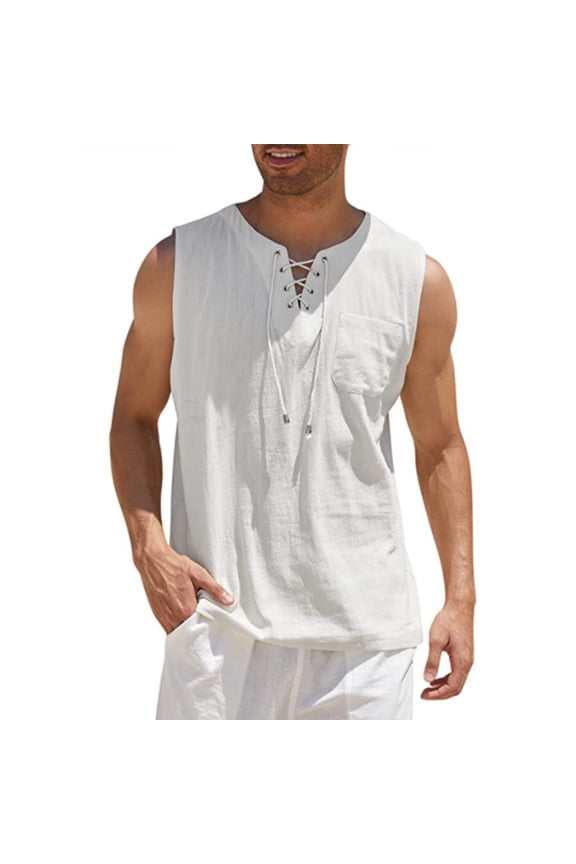 Men's Fashionable Sleeveless Casual Shirt Vest With Drawstring Dressy Top White Size S
