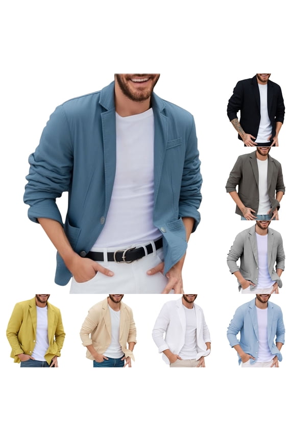 Men's Fashionable Solid Color Long Sleeved Lapel Imitation Linen Casual Pocket Suit Jacket