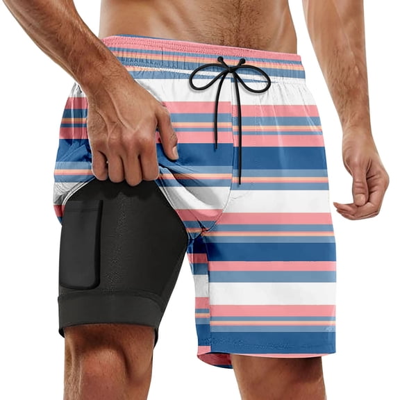 Men's Fashionable Striped Beach Shorts Double Inner Layer, Pockets, Ideal for Seaside Entertainment