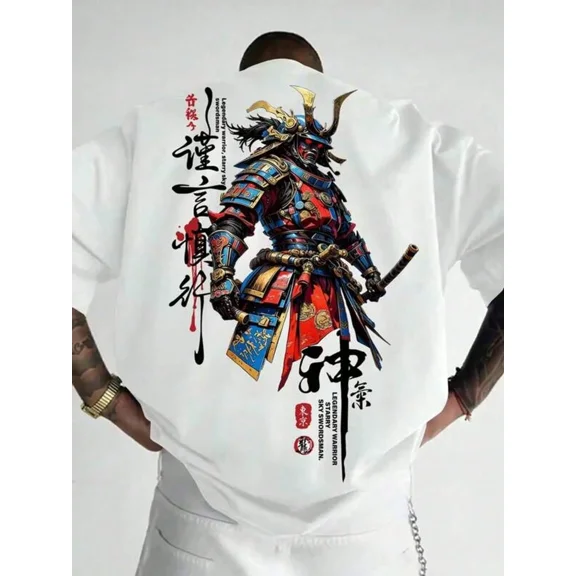 Men's Fashionable Versatile Street Samurai Print Round Neck Short Sleeve T-Shirt, Summer