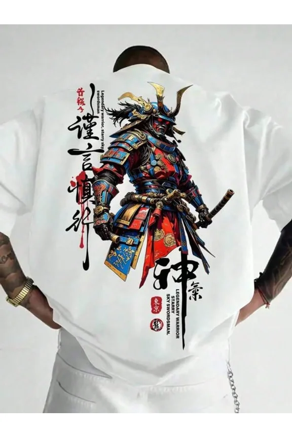 Men's Fashionable Versatile Street Samurai Print Round Neck Short Sleeve T-Shirt, Summer