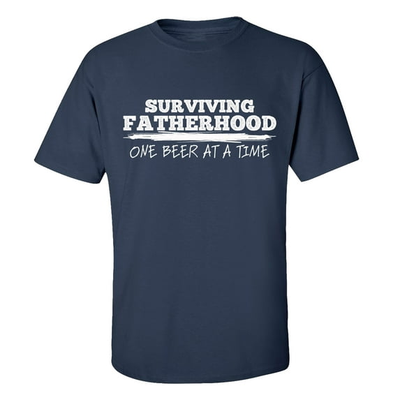Men's Father's Day Surviving Fatherhood One Beer At A Time Funny Short Sleeve Graphic T-shirt-Navy-xl