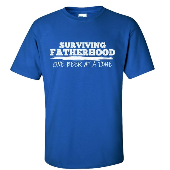 Men's Father's Day Surviving Fatherhood One Beer At A Time Funny Short Sleeve Graphic T-shirt-Royal-xxl