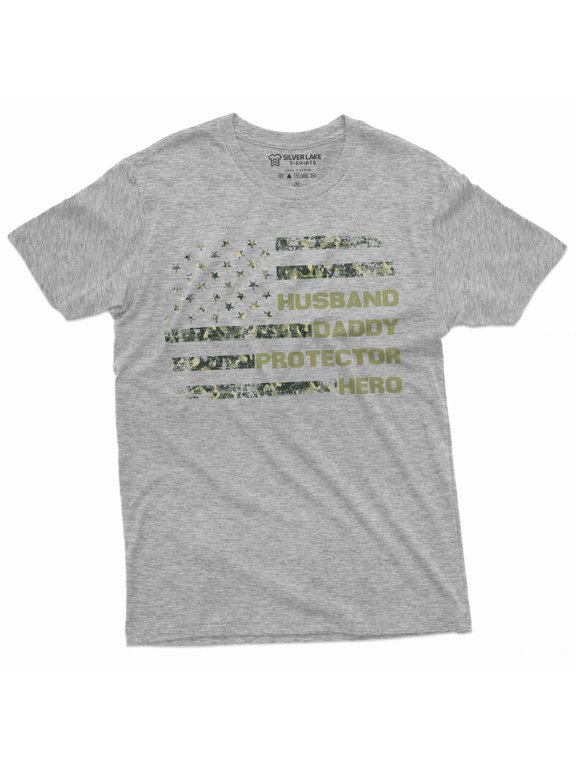 Men's Father's day Husband Daddy Protector Hero T-shirt USA flag Birthday Christmas Dads Gift tee (Small Grey)