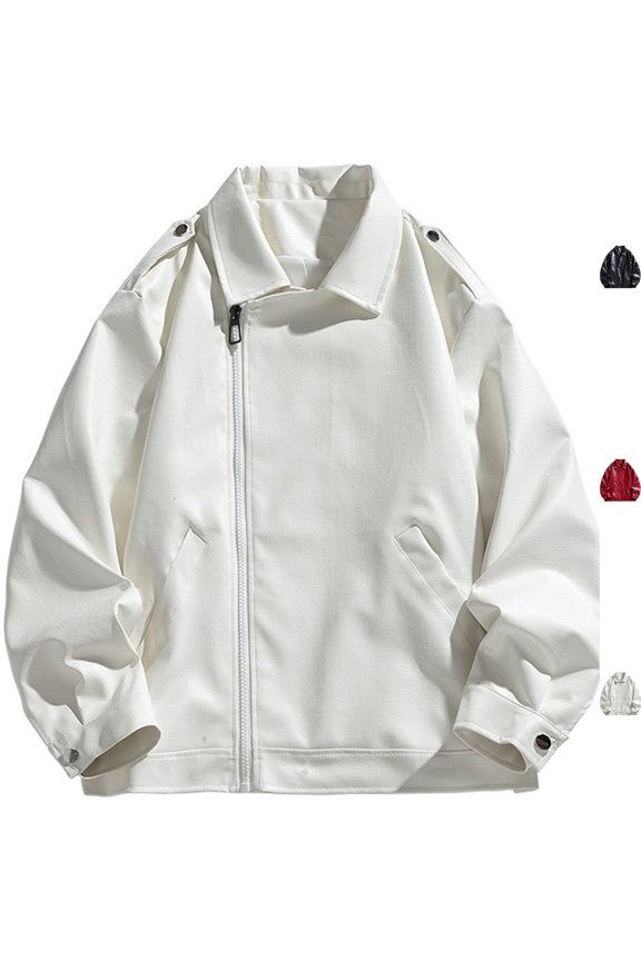 Men's Faux Crocodile Leather Embossed Moto Biker Jacket Coat Windproof Zip Up Outerwear with Shoulder Epaulets Pockets for Streetwear, White, L