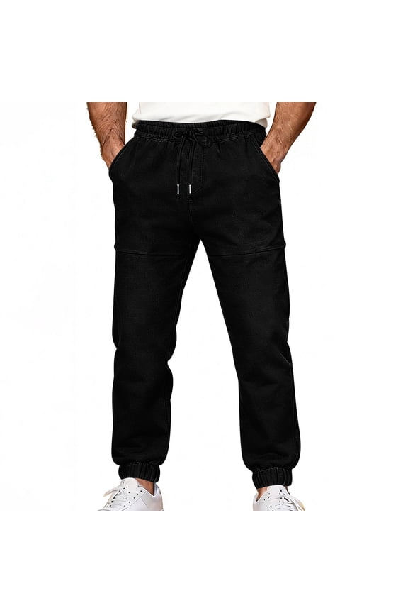 Men’s Faux Denim Trousers with Pockets Elastic Waist Drawstring Tapered Jean Fashion Classic Textured Pants