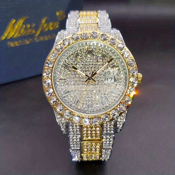 Men's Faux Diamond Quartz Watch, Hip Hop Rock Fashion Calendar Watch, Ideal Choice For Men