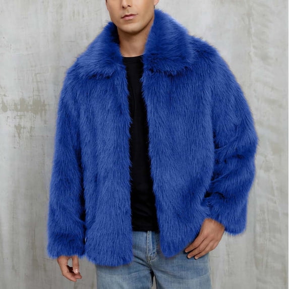 Men's Faux Fur Coat Classic Fur Collar Shaggy Long Sleeves Warmth Winter Fuzzy Fur Garment A:Blue Blue