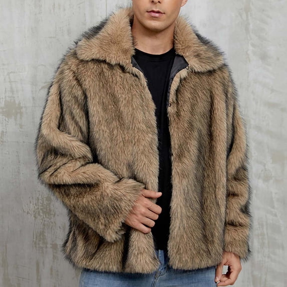 Men's Faux Fur Coat Classic Fur Collar Shaggy Long Sleeves Warmth Winter Fuzzy Fur Garment A:Khaki Khaki