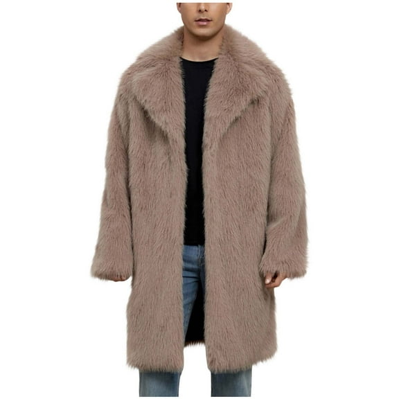 Men's Faux Fur Coat Mid Length Notch Lapel Collar Fluffy Jacket Long Trench Coat Cardigans Winter Warm Outerwear (S, Khaki)