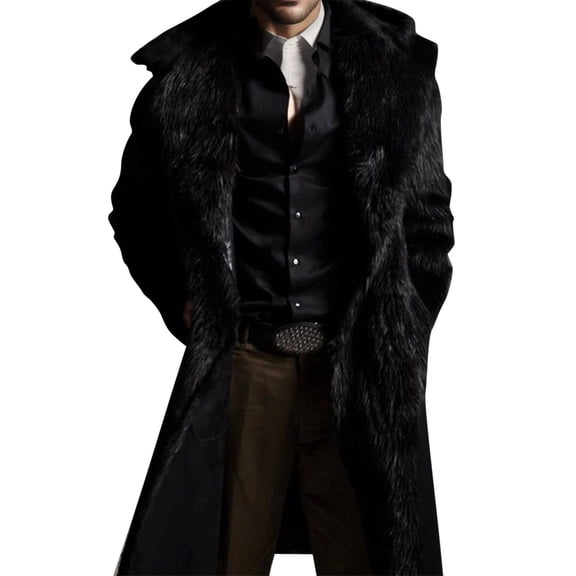 Men's Winter Long Coat Fluffy Thick Trench Coat for Men Lapel Parka Overcoat Warm Open Front Cardigan Outwear Black XL