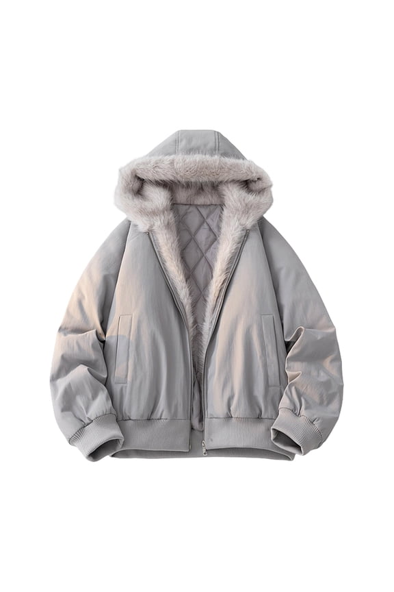 Men's Faux Fur Cropped Jacket Zip Up Long Sleeve Hoodie Loose Fit Biker Coat with Pocket