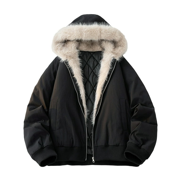 Men's Faux Fur Cropped Jacket Zip Up Long Sleeve Hoodie Loose Fit Biker Coat with Pocket