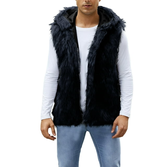 Men's Faux Fur Hooded Jacket Vest Black L