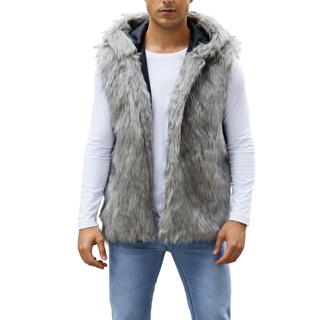 Men's Faux Fur Hooded Jacket Vest Light Gray XL
