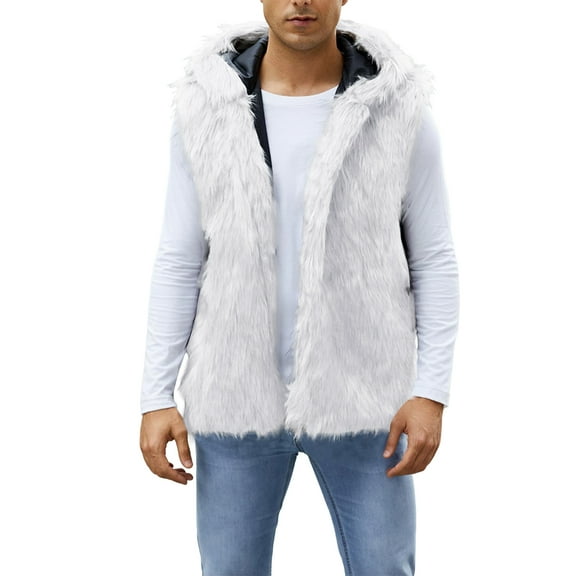 Men's Faux Fur Hooded Jacket Vest White XXXL