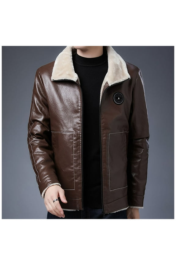 Men’s Faux Fur Leather Jacket Autumn Winter Fleece Lined Coat Vintage Bomber Jacket Zip-Up Motorcycle Bomber Jacket Casual Tops Coats For Men Up to 65% off Clear!Clearance!!!