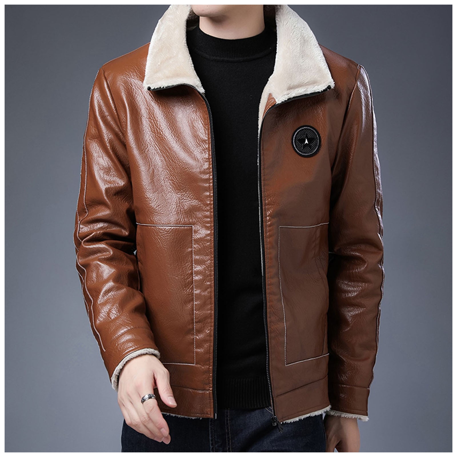 Men’s Faux Fur Leather Jacket Autumn Winter Fleece Lined Coat Vintage ...