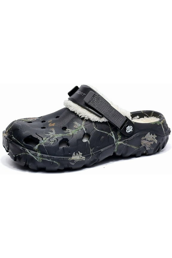 Men's Faux Fur Lined Clogs Winter Fuzzy Slippers Wide Width Slip on Mules with Cushion Footbed Warm House Shoes with Adjustable Back Strap Removable Soft Fleece Lining - River Edge