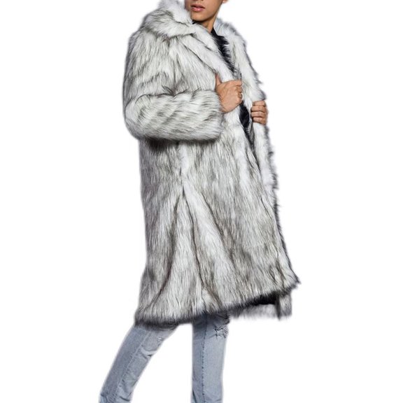 Men's Faux Fur Long Coat, Turn-Down Collar Warm Open Front Cardigan Fuzzy Fleece Jacket for Winter Holiday and Formal Occasions,Silver,XL