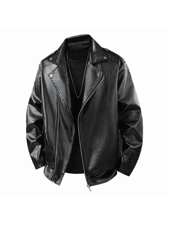 Men's Faux Leather Biker Jacket, Lapel Zip Outerwear, Metal Rivet Decor, Side Zipper Pockets, Suitable For Urban Night Outings, Fashion Street Styling Black XXL