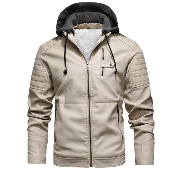 Men's Faux Leather Biker Jackets with Hooded Casual Solid Color Windproof Zipper Pockets Long Sleeve Fleece Lined Outwear Coat White M