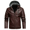 thumbnail image 1 of Men's Faux Leather Biker Jackets with Hooded Casual Solid Color Windproof Zipper Pockets Long Sleeve Fleece Lined Outwear Coat Wine XXL, 1 of 7