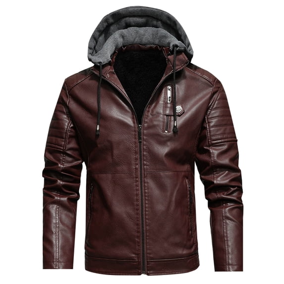 Men's Faux Leather Biker Jackets with Hooded Casual Solid Color Windproof Zipper Pockets Long Sleeve Fleece Lined Outwear Coat Wine XXL