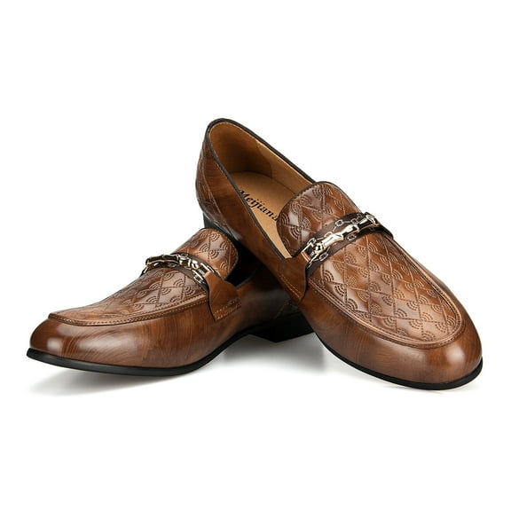 Men’s Faux Leather Brown Loafers and Wedding Dress Shoes with Metal Embellishments, Brown-06, 11 US