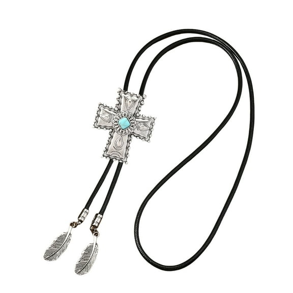 Men's Faux Leather Cord Bolotie Western Necktie Antique Floral Stone Jewelry Feathered Pendant Western Necklace Chain