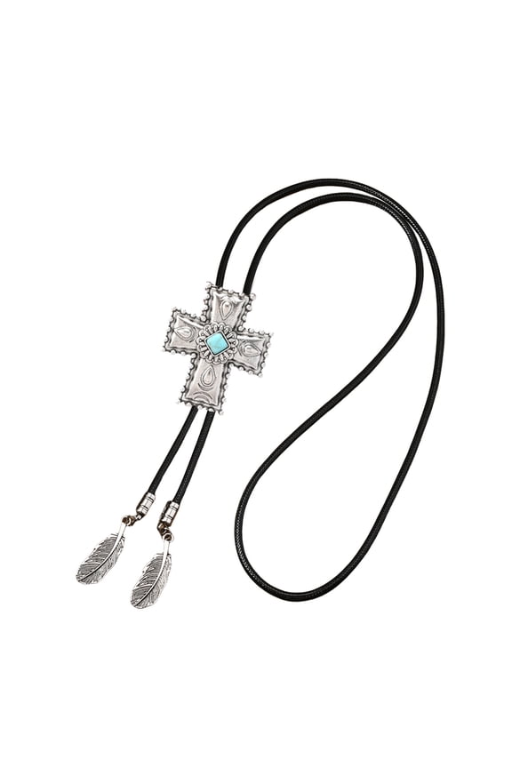 Men's Faux Leather Cord Bolotie Western Necktie Antique Floral Stone Jewelry Feathered Pendant Western Necklace Chain