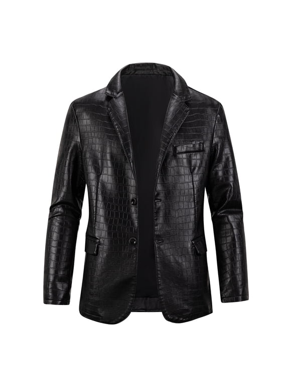 Men's Faux Leather Crocodile Pattern Jacket, Single Row Large Lapel Suit Style, Chest Pocket Decoration PU Leather Coat