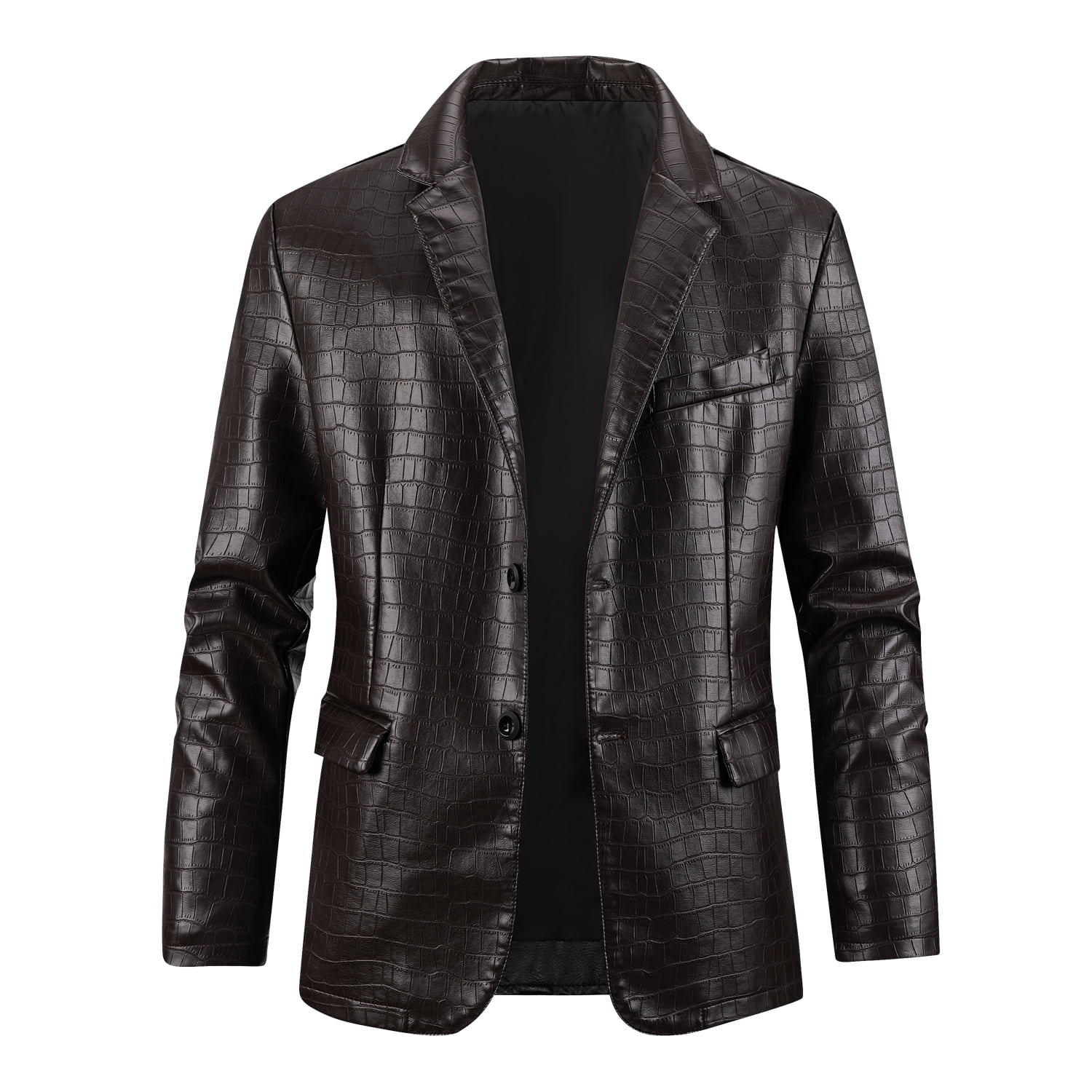 Men's Faux Leather Crocodile Pattern Jacket, Single Row Large Lapel Suit Style, Chest Pocket Decoration PU Leather Coat